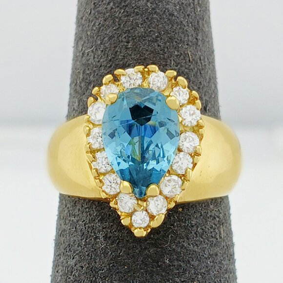 Created Blue Topaz 1.68 Cts & White Sapphire Ring 10k Yellow Gold - Picture 1 of 6